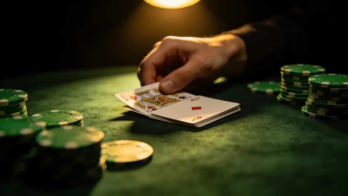 Playing cards and casino chips on a dark green felt table under a warm spotlight