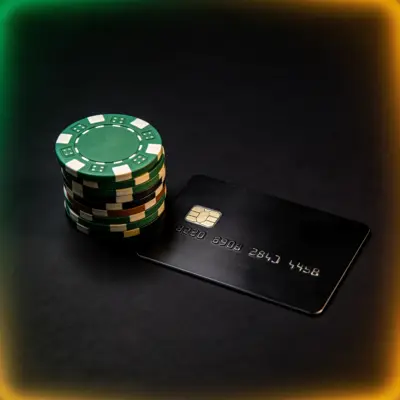 Casino chips beside a black bank card on a dark surface