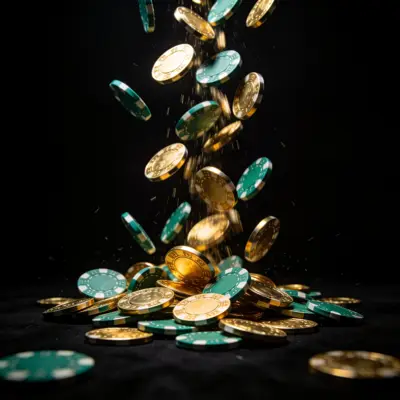 Casino chips falling against a black background