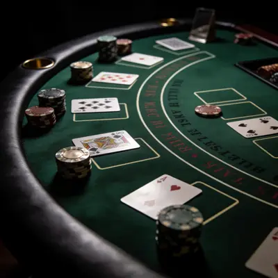 Live dealer blackjack table with cards and chips