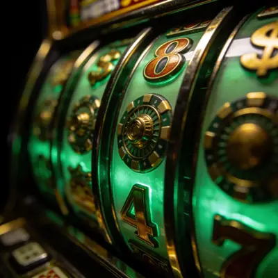 Glowing slot machine reels in a dark room